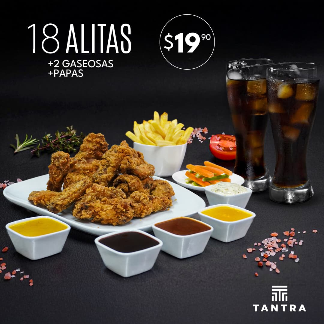 18 Alitas + 2 Gaseosas + Papas por $19,90