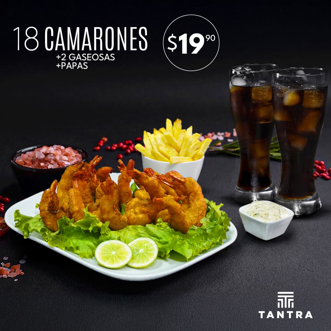 18 Camarones + 2 Gaseosas + Papas por $19,90